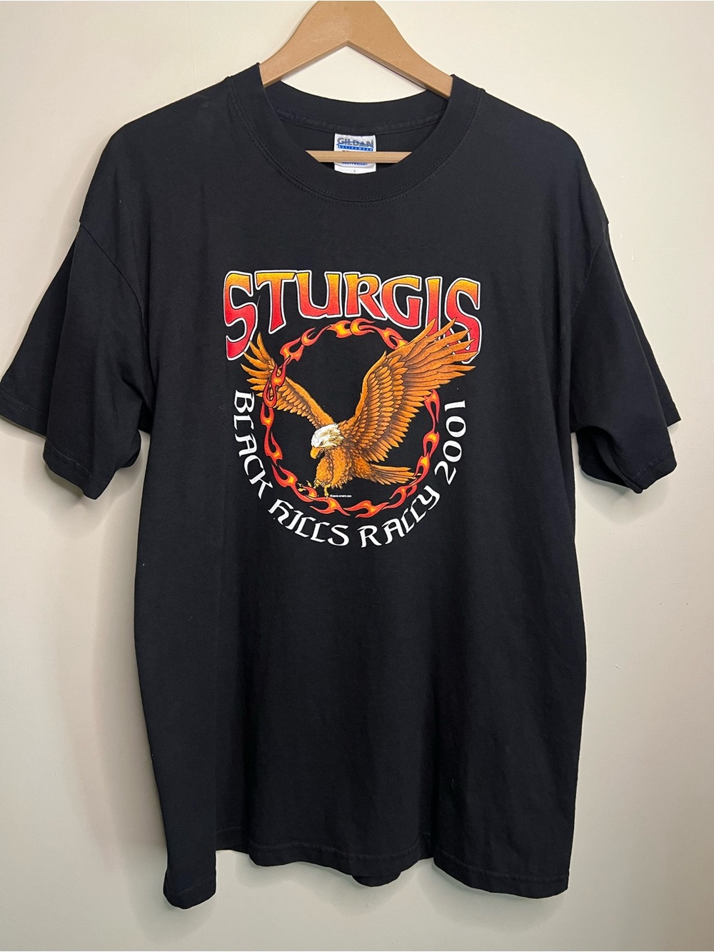 Vintage 2001 Sturgis Black Hills Rally Eagle Flame Engine USA Flag T Shirt L